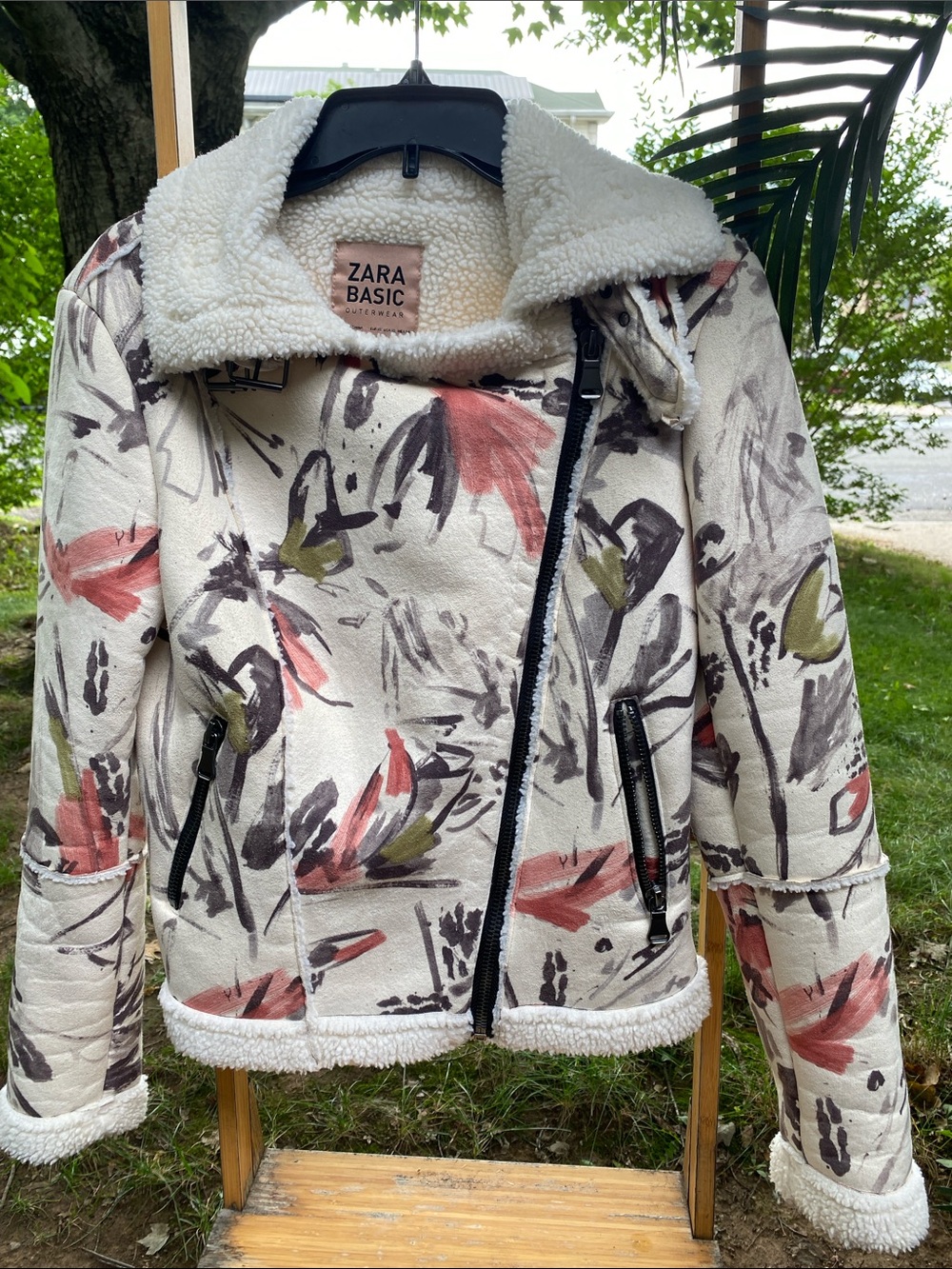 ZARA Floral Sherpa Biker Jacket in Cream with Pink & Olive Prints